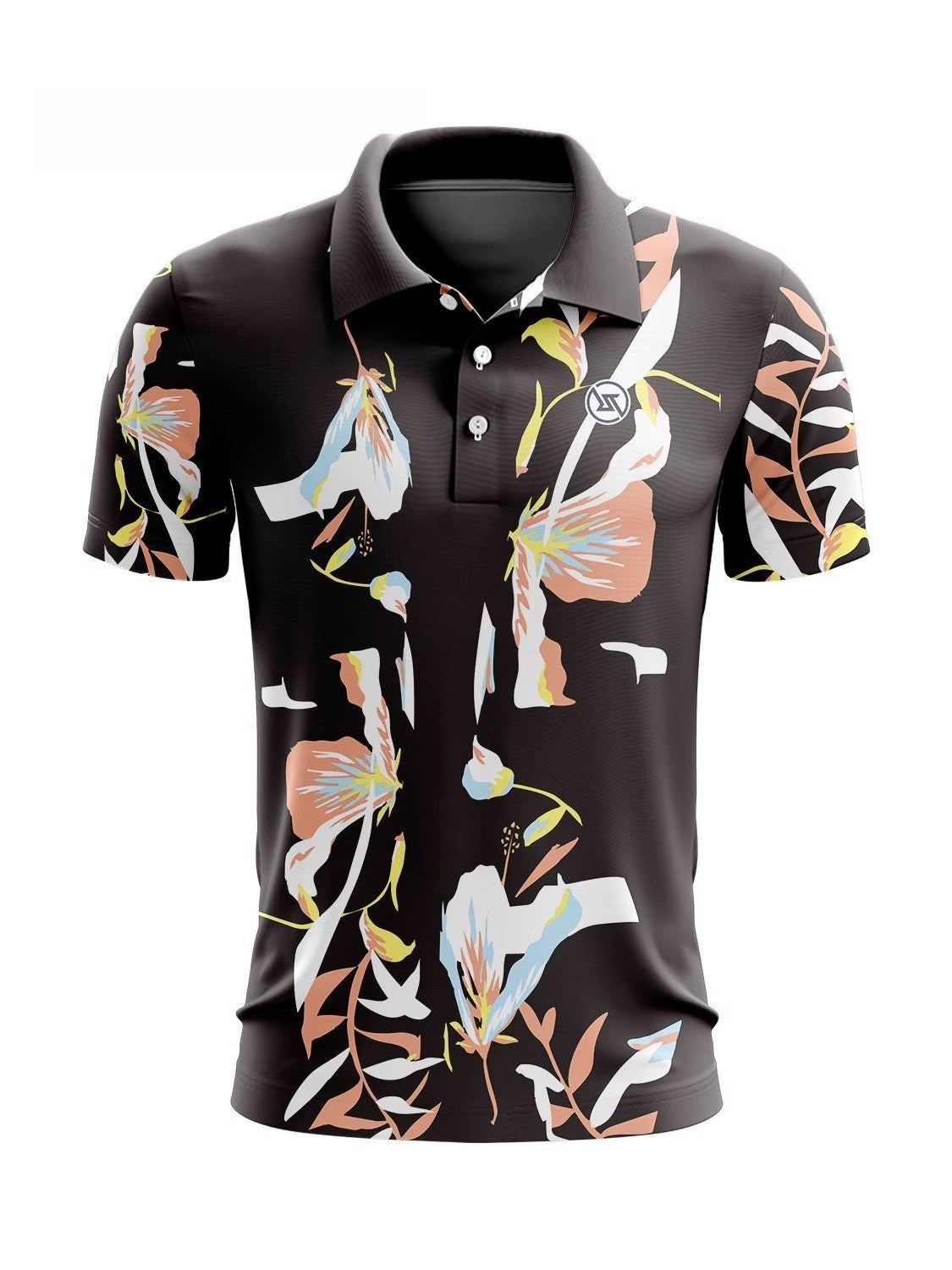 Men Golf Print Short-Sleeved Polo Shirt – Breathable Cotton Spandex Floral Performance Golf Top