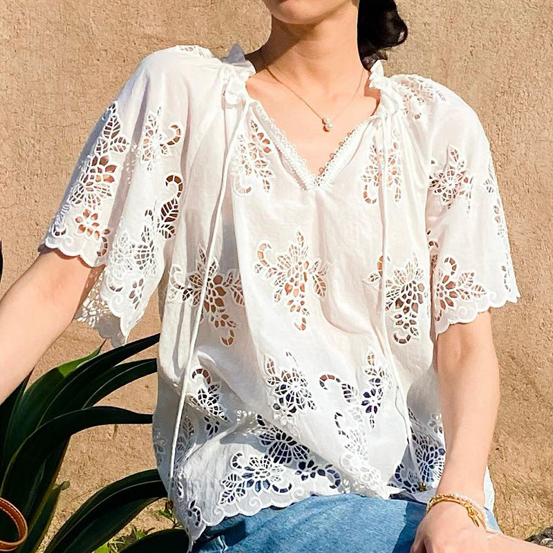 🌸 French Riviera Elegance: Women&#39;s Embroidered Cotton Lace Blouse