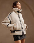 Women’s Thickened Lamb-Mohair Leather-Look Biker Jacket – Sweet Style Fur-Collar Patchwork Coat