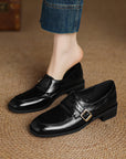 Women’s Low Heel Plus Size Buckle Shoes – Litchi Pattern Round Toe Comfort