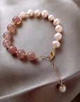 Women Natural Pearl Heart Bracelet – Adjustable Elastic Strawberry Crystal Beaded Bracelet