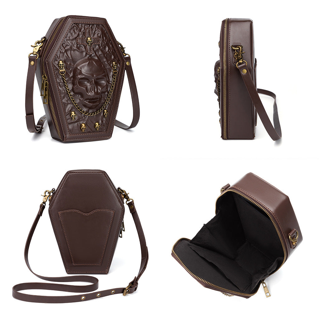 Women’s Gothic Coffin Shape Crossbody Bag – PU Leather Shoulder Purse with Chain Detail &amp; Adjustable Strap