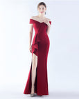 Women’s Satin Off-Shoulder Long Occasional Dress – Slim-Fit Elegant Evening Gown
