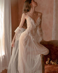 Women’s 3-Piece Lace Sheer Chemise Set – White Stretch Lingerie with Overcoat & Panty