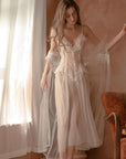 Women’s 3-Piece Lace Sheer Chemise Set – White Stretch Lingerie with Overcoat & Panty