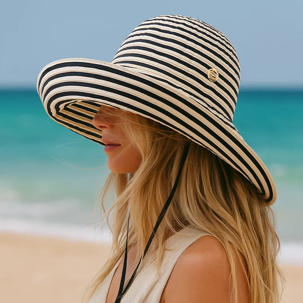 🌞 Damen-Strohhut mit Kontrastbesatz – Sonnenschutz mit Stil