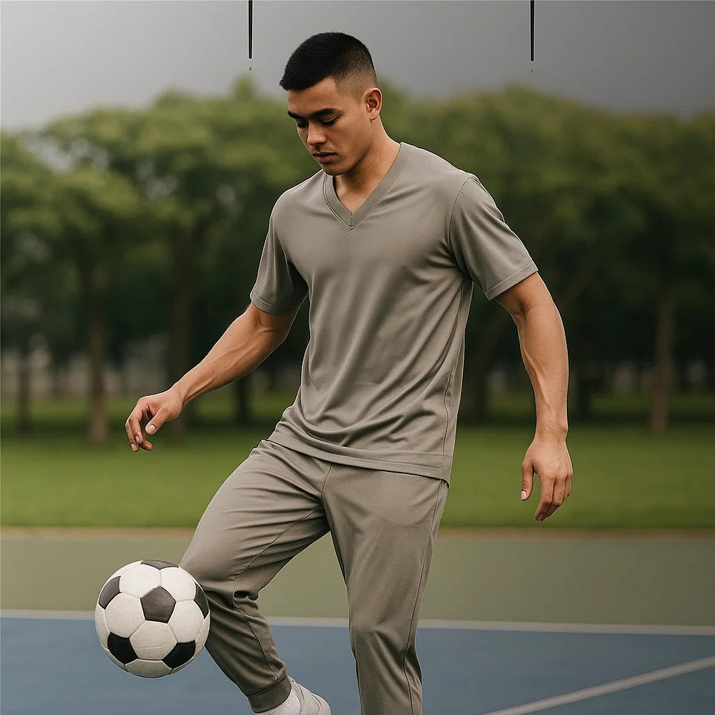 Men&#39;s Ice Silk Sportswear Set - V-Neck Short Sleeve T-Shirt &amp; Pants (Dark Blue/Khaki/Green)