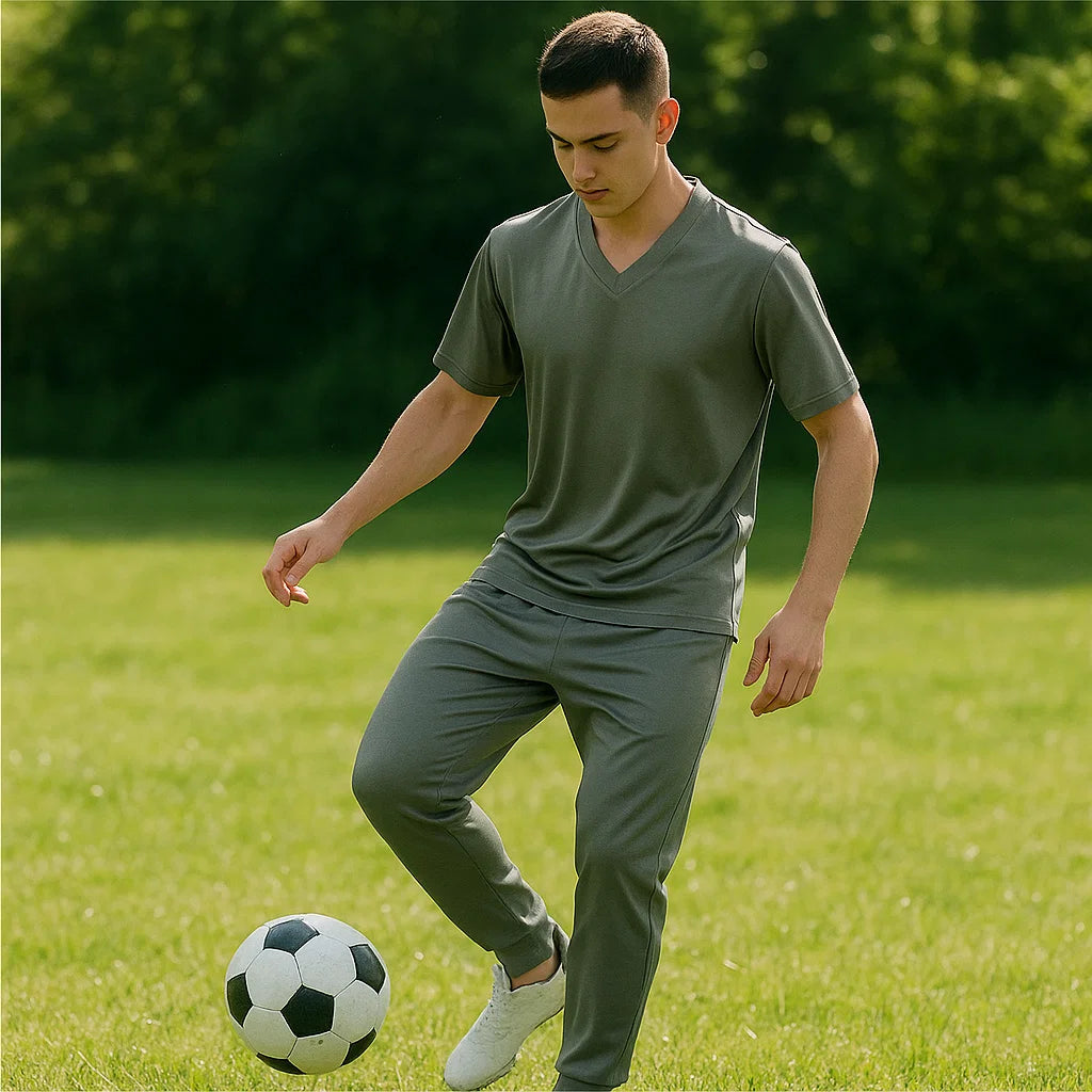 Men&#39;s Ice Silk Sportswear Set - V-Neck Short Sleeve T-Shirt &amp; Pants (Dark Blue/Khaki/Green)