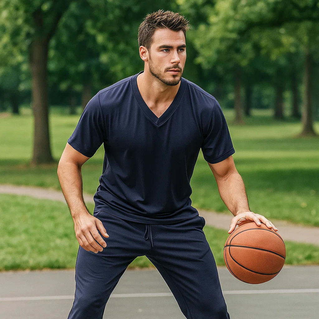 Men&#39;s Ice Silk Sportswear Set - V-Neck Short Sleeve T-Shirt &amp; Pants (Dark Blue/Khaki/Green)