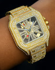 Men’s Square Skeleton Watch – Full Diamond Quartz (Gold/Silver, 44mm)