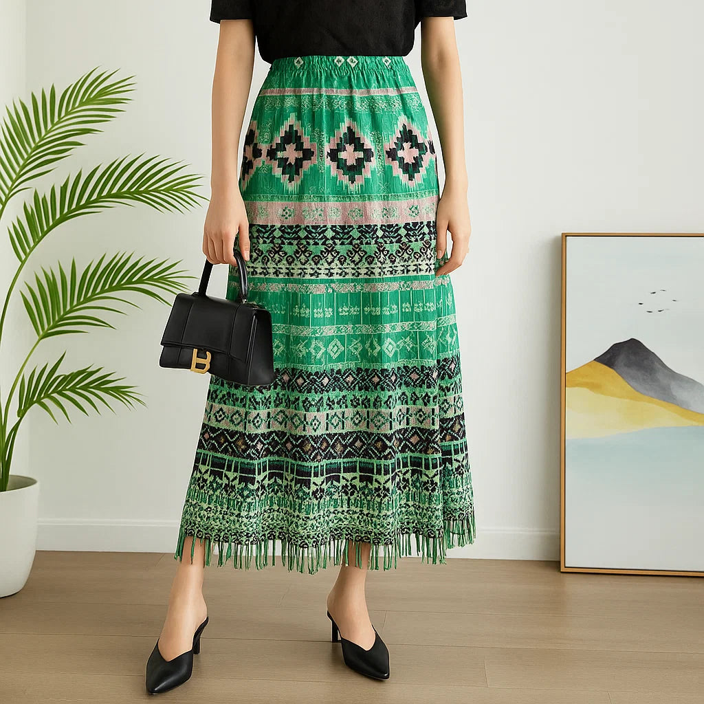 Women’s Summer Pleated Long Skirt - Hand-Painted Print Polyester Maxi Skirt