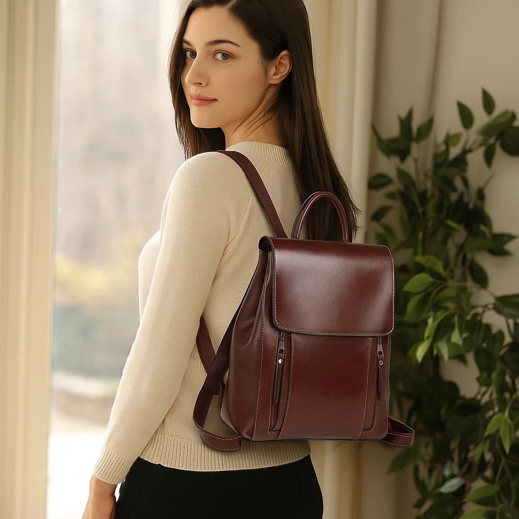 👜 Premium Leather Backpack for Women – Genuine Double-Layer Cowhide |
