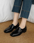 Women’s Low Heel Plus Size Buckle Shoes – Litchi Pattern Round Toe Comfort