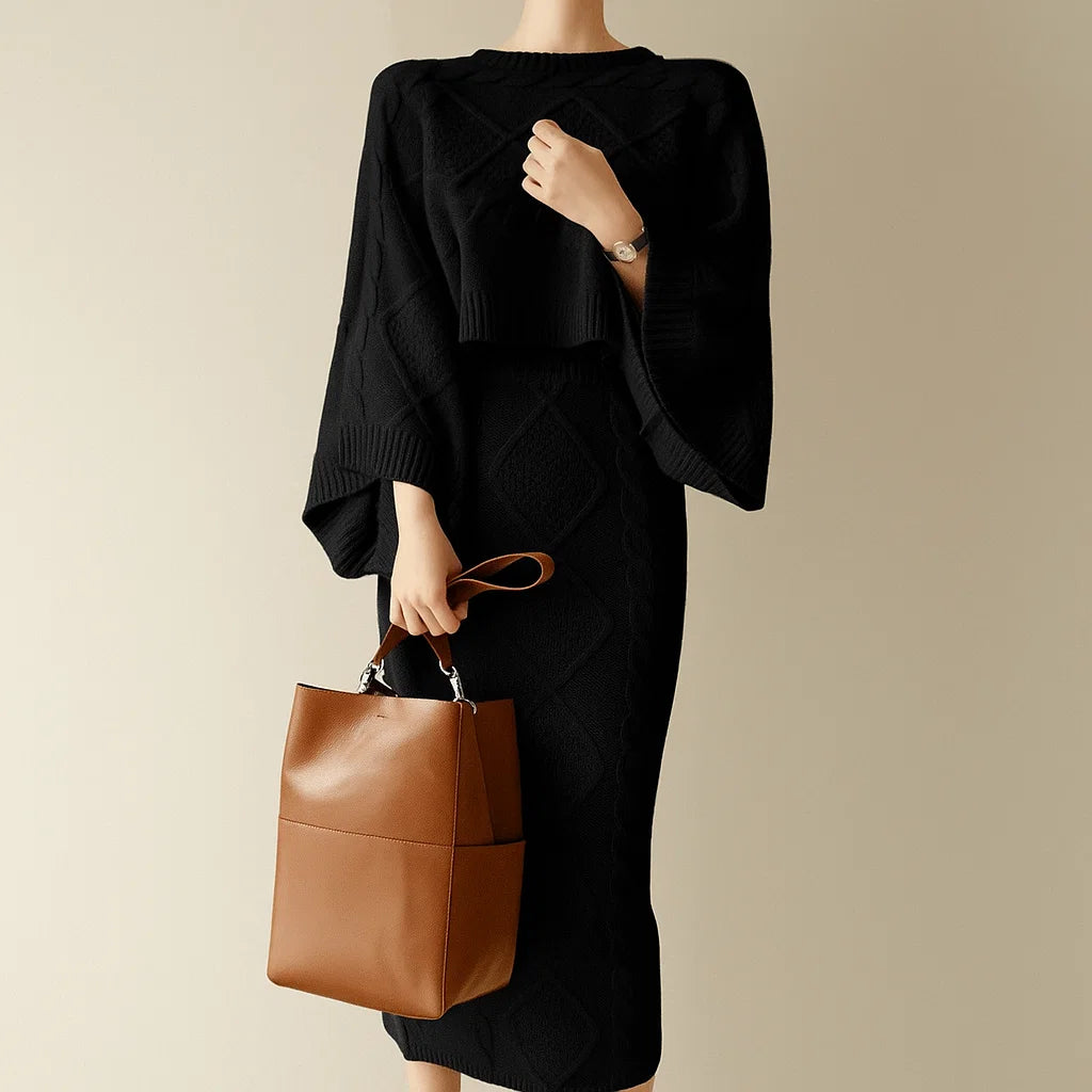 Women’s Knitted Bat-Sleeve Sweater &amp; Skirt Set – Sweet Elegance with Effortless Comfort
