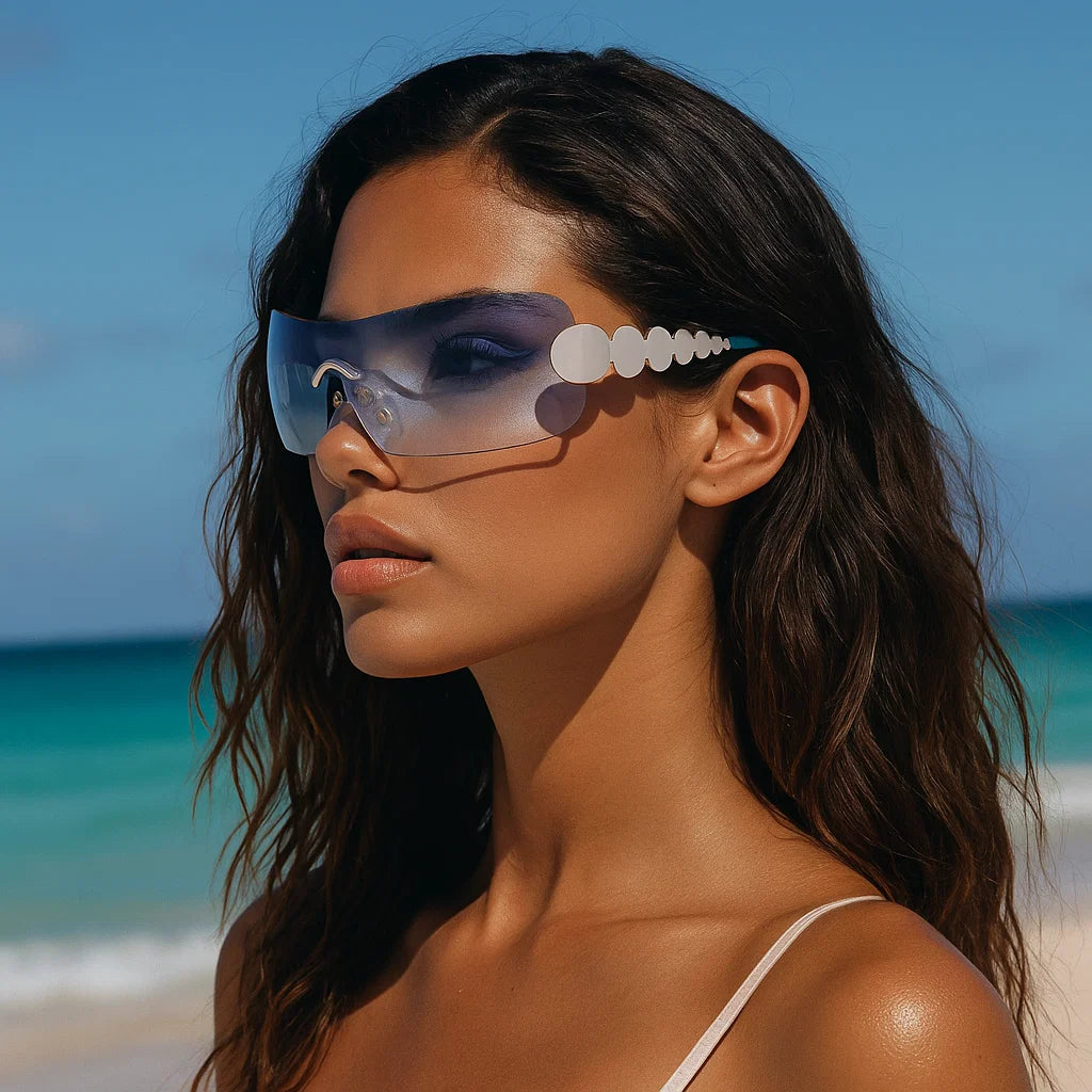 Women’s One-Piece Rimless Sunglasses – Concave Styling with Bold Elegance