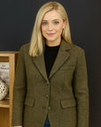 Damen-Blazer aus Tweed mit Fischgrätenmuster – Maßgeschneiderte Wolljacke (Zwielichtgrün, Langarm)