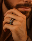 Men’s Wide Black Curved Tungsten Steel Ring – Shell Inlay Design