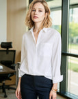 Women's Professional White Shirt - Square Collar Loose Fit Long Sleeve Blouse