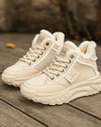 Women's Platform Sneakers - Thick-Soled Low Top Shoes with Sequins (White/Black/Khaki) | Comfortable Rubber Sole Round ToP