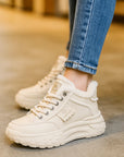 Women's Platform Sneakers - Thick-Soled Low Top Shoes with Sequins (White/Black/Khaki) | Comfortable Rubber Sole Round ToP