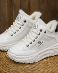 Women's Platform Sneakers - Thick-Soled Low Top Shoes with Sequins (White/Black/Khaki) | Comfortable Rubber Sole Round ToP