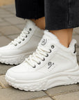 Women's Platform Sneakers - Thick-Soled Low Top Shoes with Sequins (White/Black/Khaki) | Comfortable Rubber Sole Round ToP