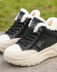 Women's Platform Sneakers - Thick-Soled Low Top Shoes with Sequins (White/Black/Khaki) | Comfortable Rubber Sole Round ToP