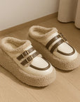 Women’s Fleece-Lined Buckle Wedge Slippers – Cozy & Stylish (Creamy-White/Black)