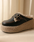 Women’s Fleece-Lined Buckle Wedge Slippers – Cozy & Stylish (Creamy-White/Black)