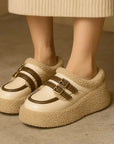 Women’s Fleece-Lined Buckle Wedge Slippers – Cozy & Stylish (Creamy-White/Black)