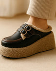 Women’s Fleece-Lined Buckle Wedge Slippers – Cozy & Stylish (Creamy-White/Black)