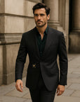 Men’s Slim Fit Plaid Suit Jacket – Metal Buckle Gun Collar Design