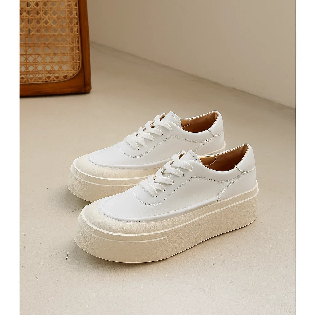 Women&#39;s Platform Board Shoes - Embossed Cowhide Leather Sneakers (Black/White) - Chunky Rubber Sole Tie-Up Sports Shoes