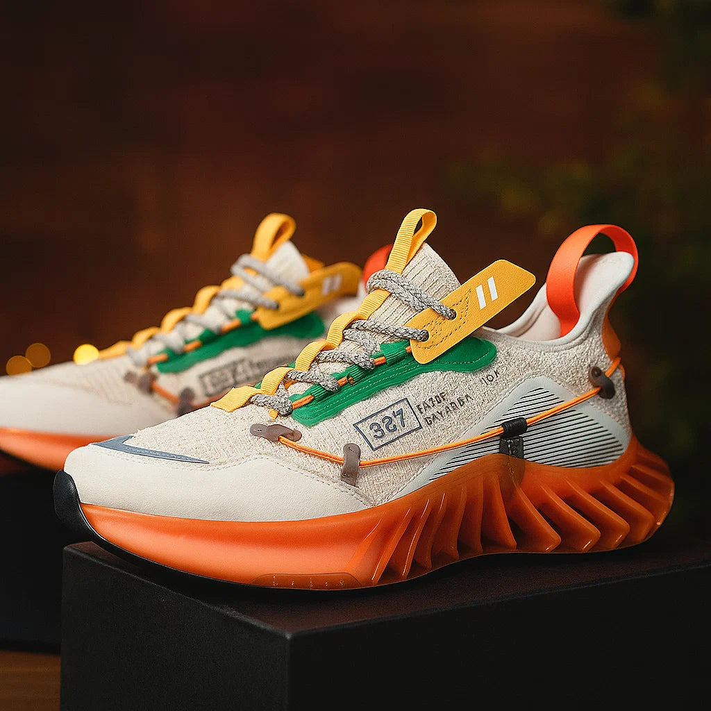 Chaussures de course lumineuses pour hommes – Baskets Flyknit respirantes à semelle épaisse (noir/orange/bleu, pointures 39-46) – Chaussures de sport tendance pour jeunes