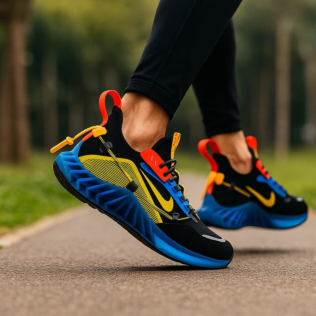 Chaussures de course lumineuses pour hommes – Baskets Flyknit respirantes à semelle épaisse (noir/orange/bleu, pointures 39-46) – Chaussures de sport tendance pour jeunes