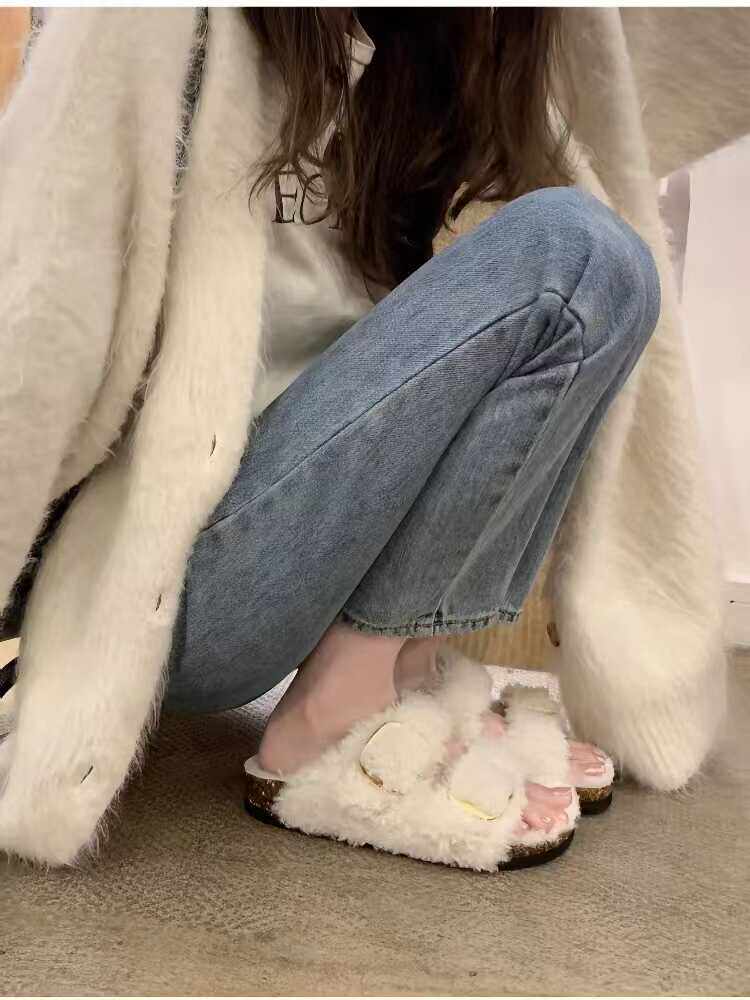 Women’s Lazybones Outdoor Fur Slippers – Warm Cotton Cork Sole Casual Non-Slip Slides