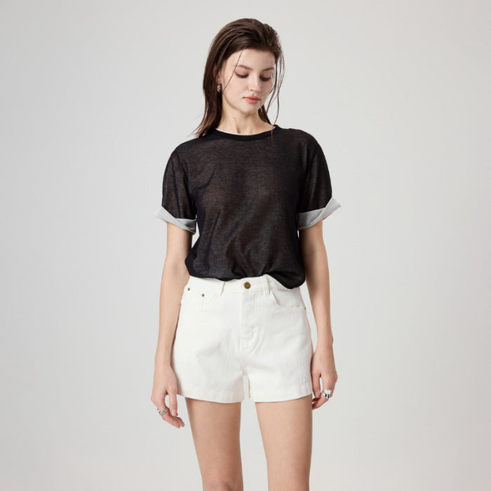 Women White Stretch Denim Shorts – Four-Way Stretch Slimming High-Rise Chenille Summer Casual Shorts