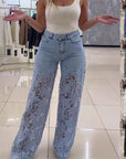 Y2K Lace Flower Hollow Jeans – High Waist, Wide Leg & Effortlessly Chic