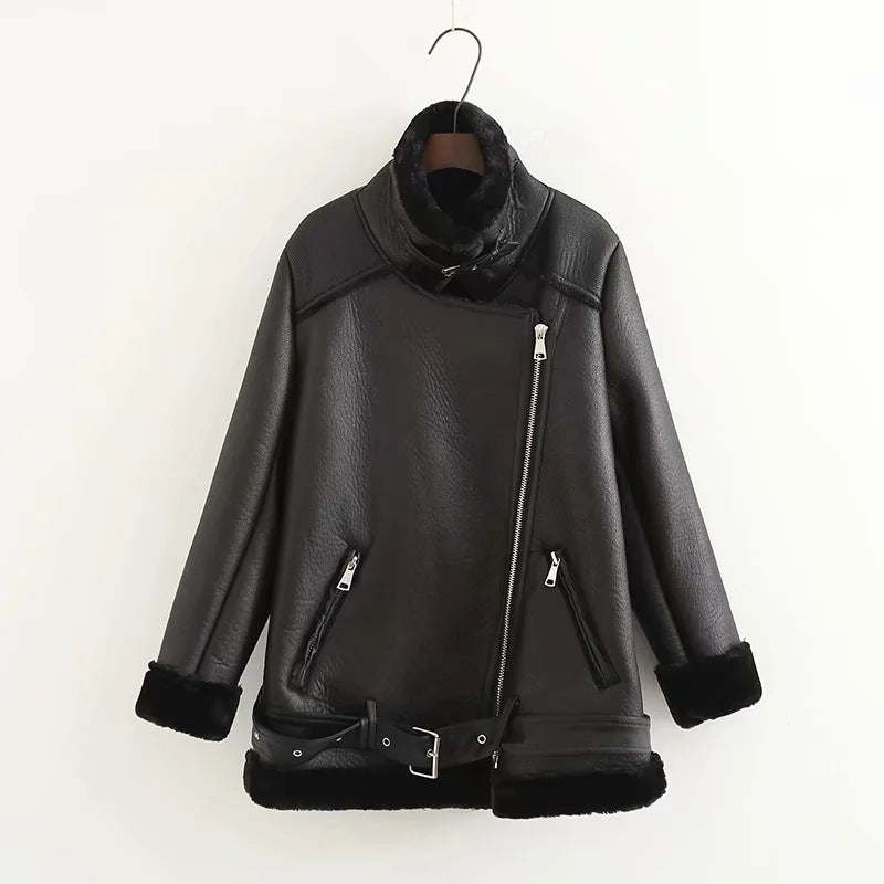 Jacket Tops Women&#39;s  Belt PU Leather Jacket