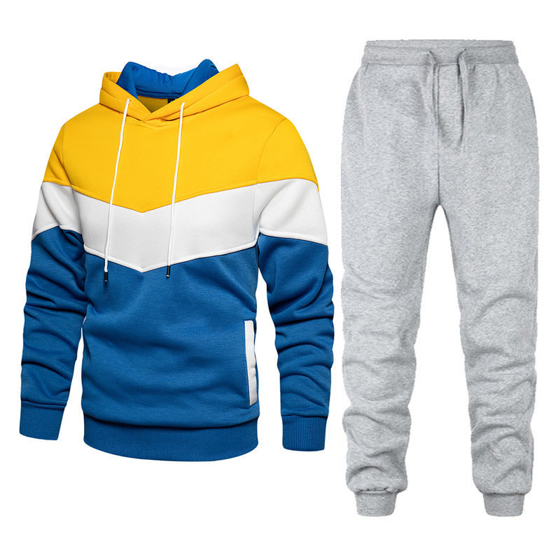 Men’s Fashion Colorblock Hooded Sports Suit – Running &amp; Outdoor Winter Tracksuit with Stitching Design