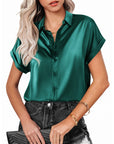 Lapel Button Short Sleeve Shirt Summer Casual Loose Solid Color Beach Top For Womens Clothing