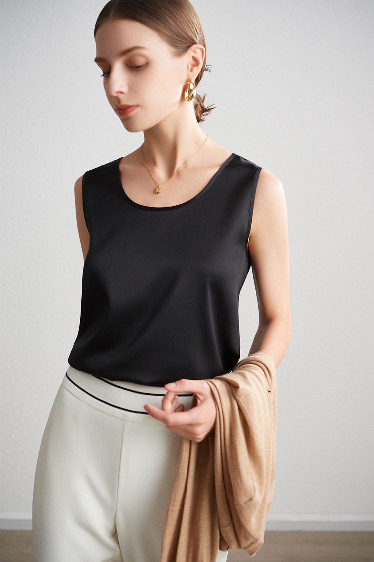 Women 100% Mulberry Silk Sleeveless Camisole Top – Satin Loose Fit Elegant Solid Color Summer Layering Vest