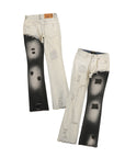 Women’s Fashion Mandarin-Duck Patched Jeans – Cream & Black Micro-Pull Trousers