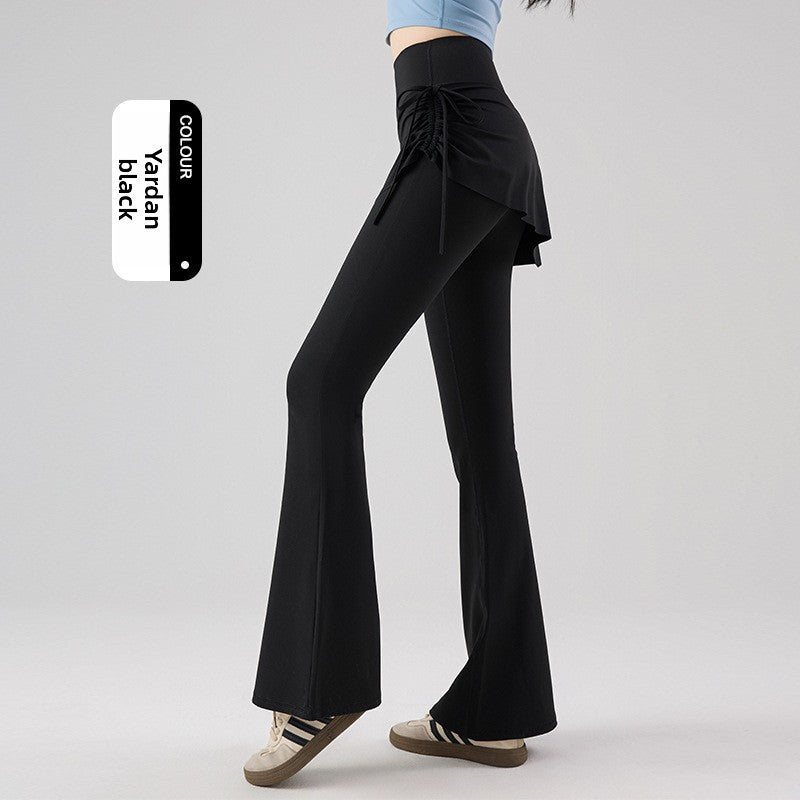 Women Drawstring Fake Two-Piece Culottes – High Stretch Slim Fit Shark Skin Yoga Skirt Pants with Adjustable Waist