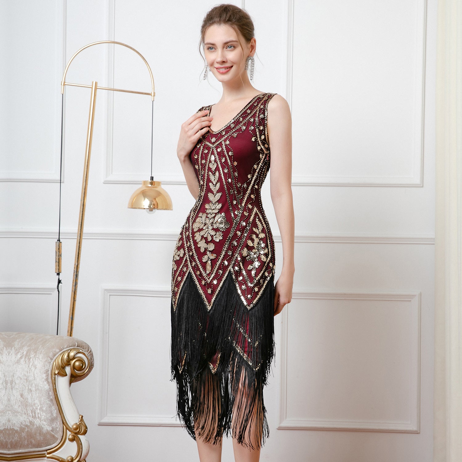 Double-layered Tassel V-neck Bead Dress