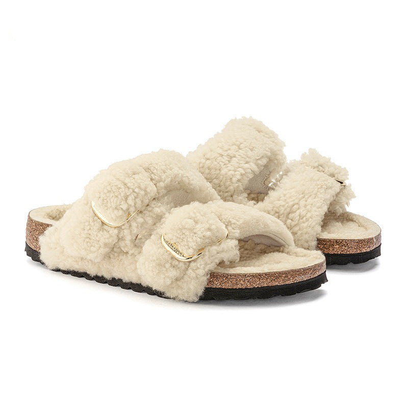 Women’s Lazybones Outdoor Fur Slippers – Warm Cotton Cork Sole Casual Non-Slip Slides