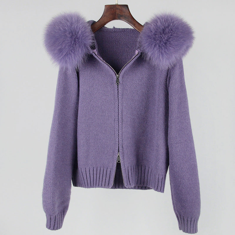 Women’s Hooded Spring Coat – Zipper Cardigan with Real Fox Fur Collar
