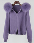 Women’s Hooded Spring Coat – Zipper Cardigan with Real Fox Fur Collar
