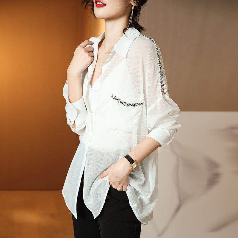 Women’s Summer Chiffon Hollow Lace Shirt – Sexy Single-Breasted Cardigan Blouse