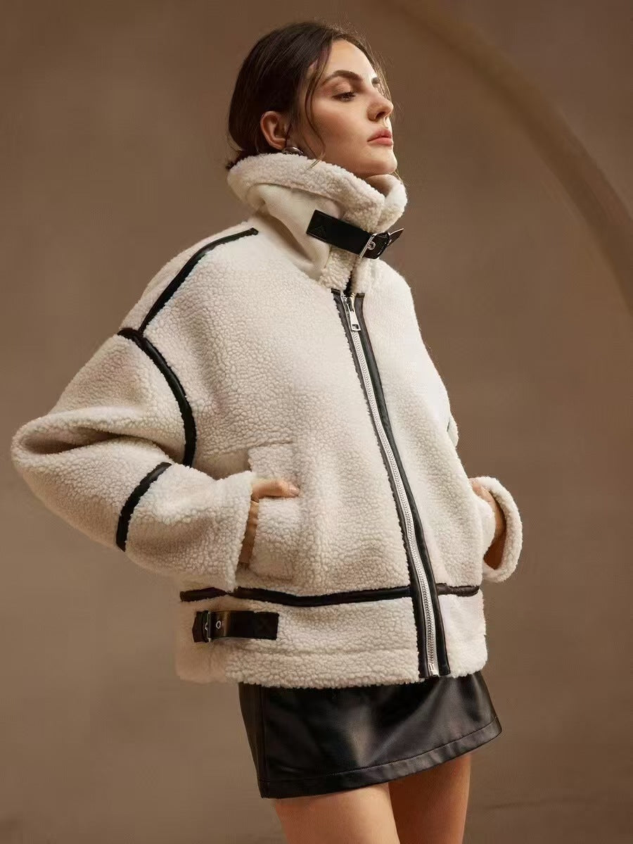 Women’s Thickened Lamb-Mohair Leather-Look Biker Jacket – Sweet Style Fur-Collar Patchwork Coat